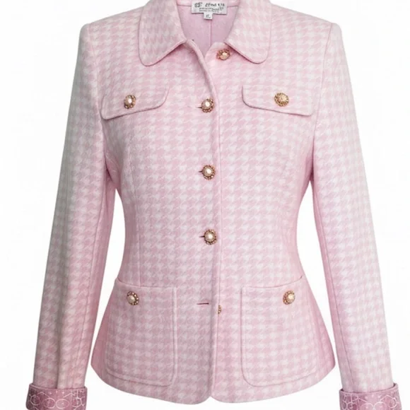 St. John Collection By Marie Gray Pink Checked Gingham Look Blazer 14 MSRP $1998 - Picture 3 of 9